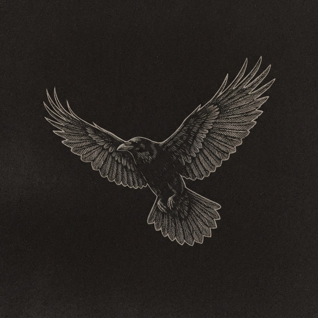 A stark etched illustration of a single raven in flight, wings spread.